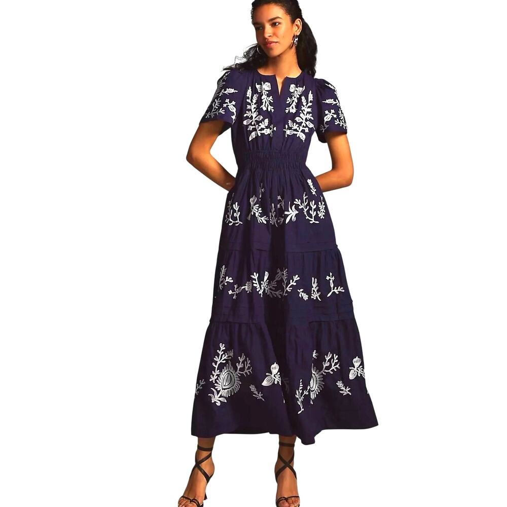 ANTHROPOLOGIE Women’s Somerset Boho Navy/Violet Blue Embroidered Dress